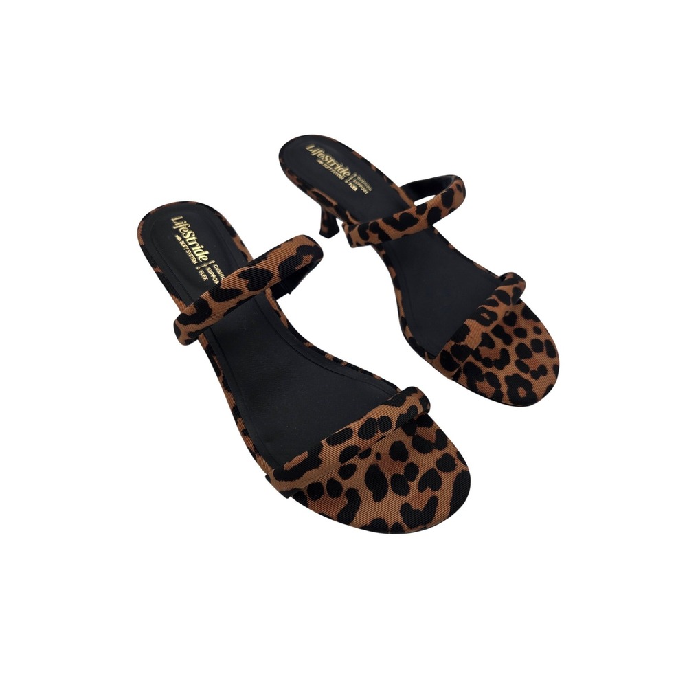 LifeStride Womens Leopard Print Kitten Heel Sandals Soft System Slide Brown 10M